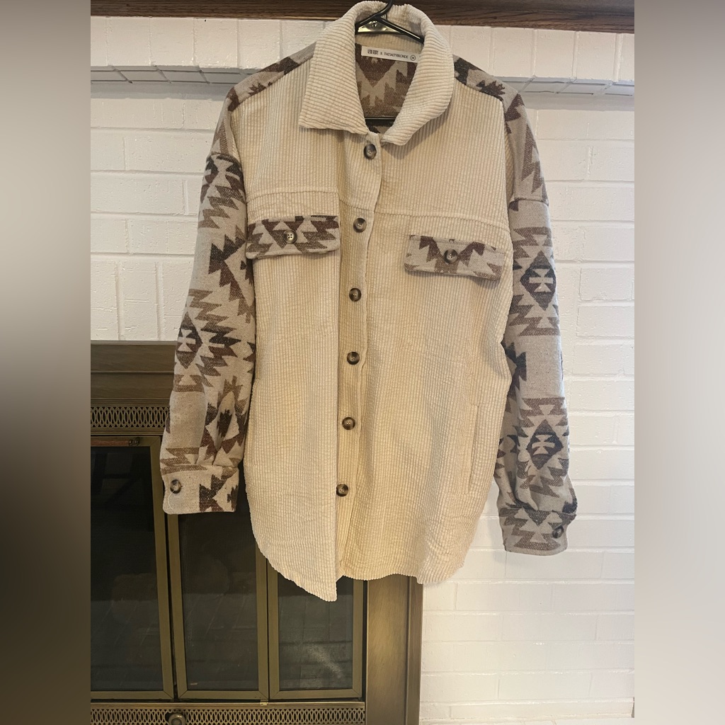 12th Tribe Cream & Brown Aztec Knit Shacket